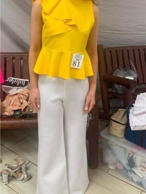 Yellow Ruffle Peplum Top & White Wide-Leg Pants Set pageant interview